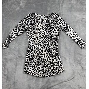 Cache Black White Leopard Print Ruched V Neck Long Sleeve Mini Dress Size S